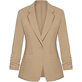 LADI TREND Blazers for Women Dressy Casual Ruched 3/4 Sleeve Lapel Button Work Office Cardigan Suit Jacket with Pockets