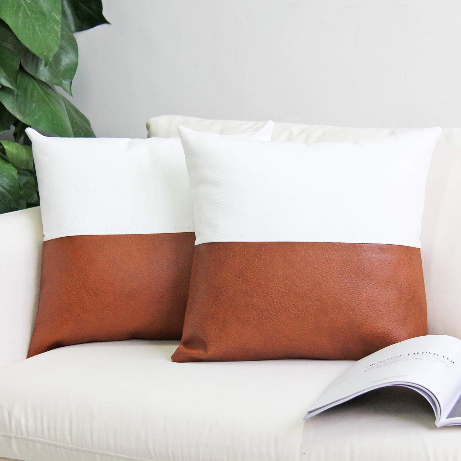 JOJUSIS Modern Throw Pillow Covers for Couch Sofa Bed Set of 2 18 x 18 Inch 100% Faux Leather