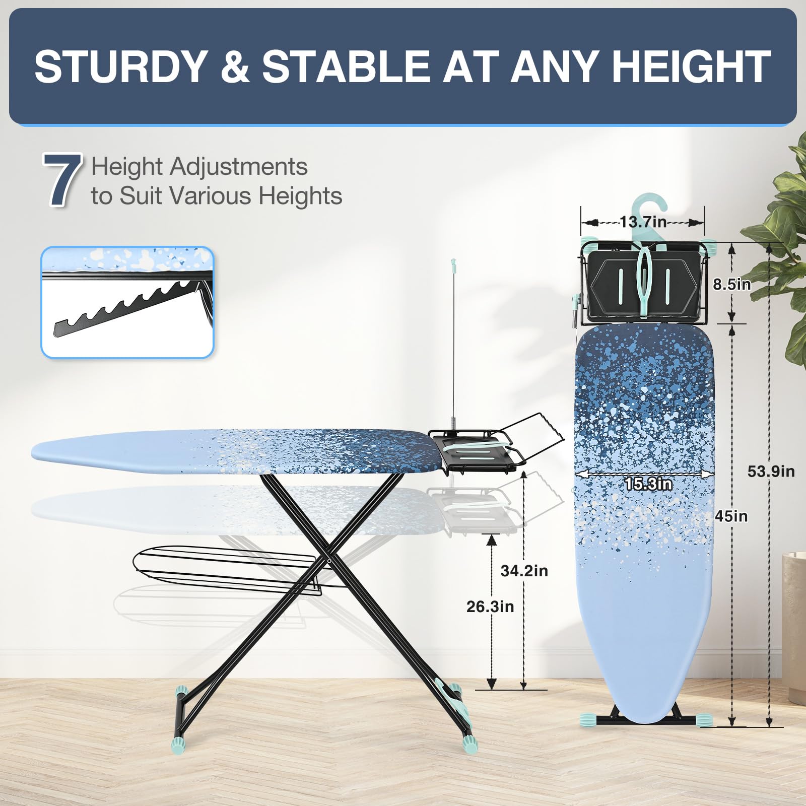 APEXCHASER Full Size Ironing Board,15x45 Metal Panel Iron Board with Iron Rest, Heat & Scorch Resistant Cover, Adjustable Height Heavy Duty Ironing Board with Germent Rack, for Home, Dorm, Ligh Blue