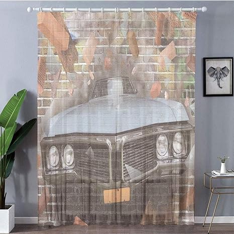 Amazon Tet0b 2枚入り レースカーテン 遮光 車 落書きは レンガの壁の地下ストリートスタイル マルチにクラッシュする自動車のグラフィックを特集 高級 透け感の スタイル 多彩 白 リビング カーテンセット リビング カーテンフック付 幅 150cm 丈 178cm レース