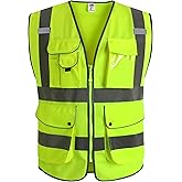 JKSafety 9 Pockets Class 2 High Visibility Zipper Front Safety Vest With Reflective Strips,Meets ANSI/ISEA Standard (Small, 150-Yellow)