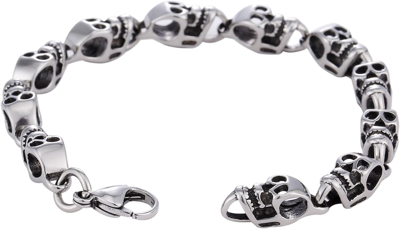 Men’s Bracelet Stainless Steel Skulls Silver Lobster Clasp