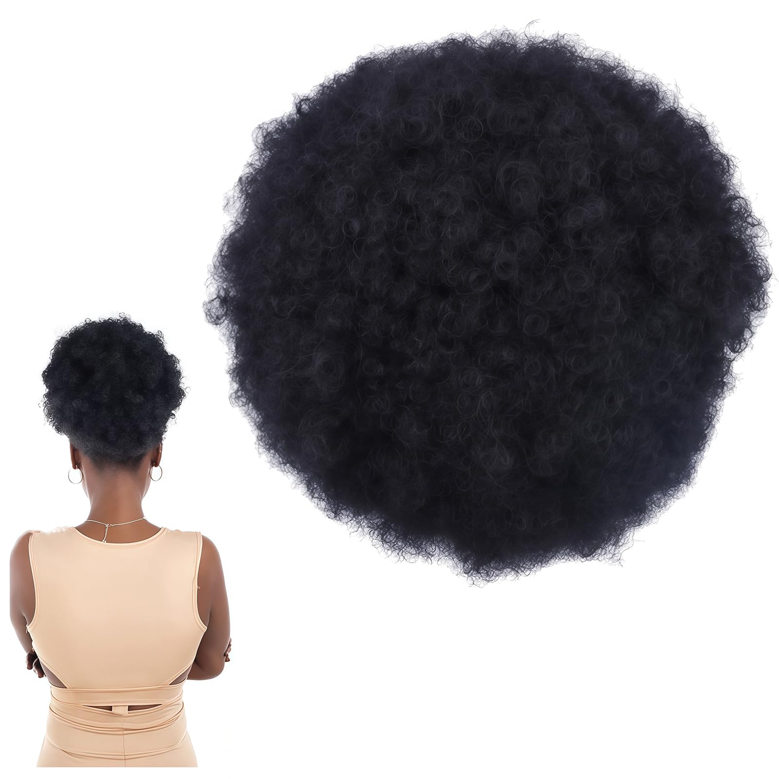 8inch Black Afro Puff Drawstring Ponytail Extension Synthetic Short Curly Hair Wig Hair Puff Bun Updo Hairpieces Afro Kinky Curly Ponytail with Two Clips
