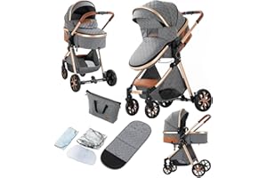 REENBORN 2 in 1 Baby Stroller, Convertible Pram, Reversible Standard Stroller, Portable Baby Buggy, Infant Carriage, Foldable High Landscape Pushchair for Toddler Newborn (225 Grey)