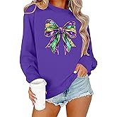 LHBNK Mardi Gras Sweatshirt Women: Mardi Gras Carnival Shirts Fat Tuesday Tee Funny Bow Graphic Crewneck Pullover Tops