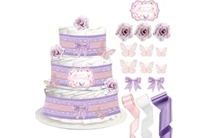 CORNER LACE Baby Shower Butterfly Diaper Cake Decorations, Birthday Party Diaper Cake Supplies Pink Purple, Include Ribbon, B