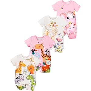 MOSSRIVER Baby Girl Outfits 4 Pack Short Sleeve Footless Romper Snap Crotch Closure Graphic Bodysuit Toddler Boys Clothes