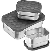 E-far Stainless Steel Lunch Containers for Kids, 3-Piece (8OZx2 & 25OZ) Bento Box Snack Food Container with Leak-proof Silicone Lid, Metal Storage for Toddlers Child School Picnic, Grey