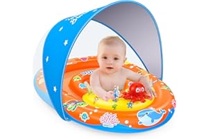 EZIGO Baby Pool Float with Canopy UPF 50+ Sun Protection, Double Air Chambers Infants Swimming Floats with Sound Toys Adjustable Safety Seat Toddler Float for Boys and Girls 6-36 Months