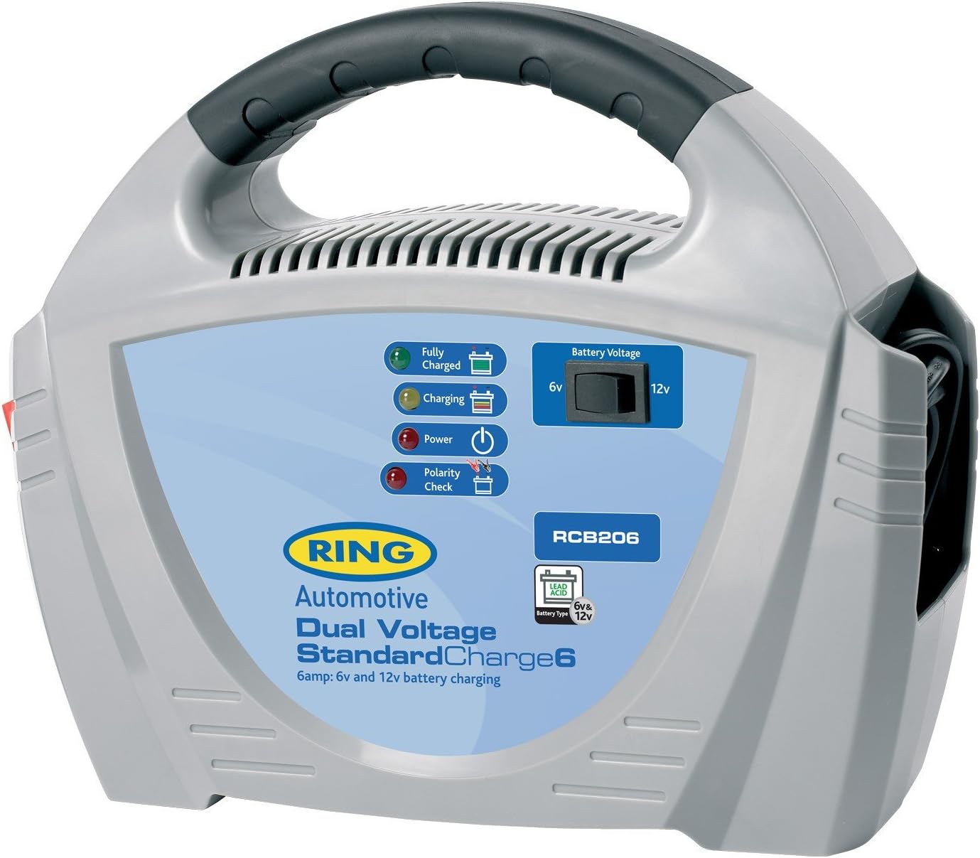 RING 6A Car Battery Charger for Vehicles Up to 1.6L: Compatible for 6V & 12V Lead Acid Batteries, Grey
