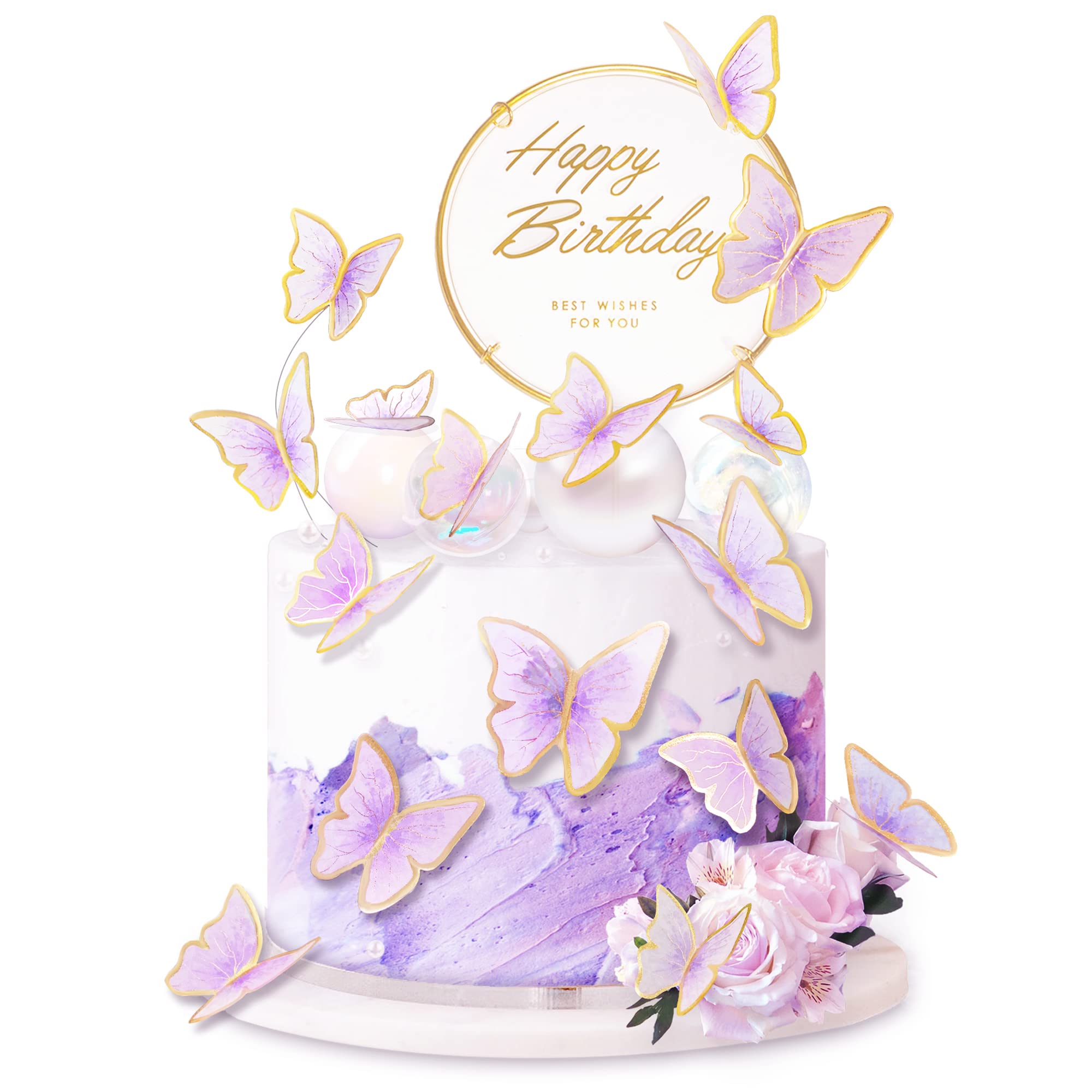 Photo 1 of 10-Pieces Purple Gold Butterfly Cake Toppers Happy Birthday 1-Metal Gold Birthday Cake Butterfly Party Decorations