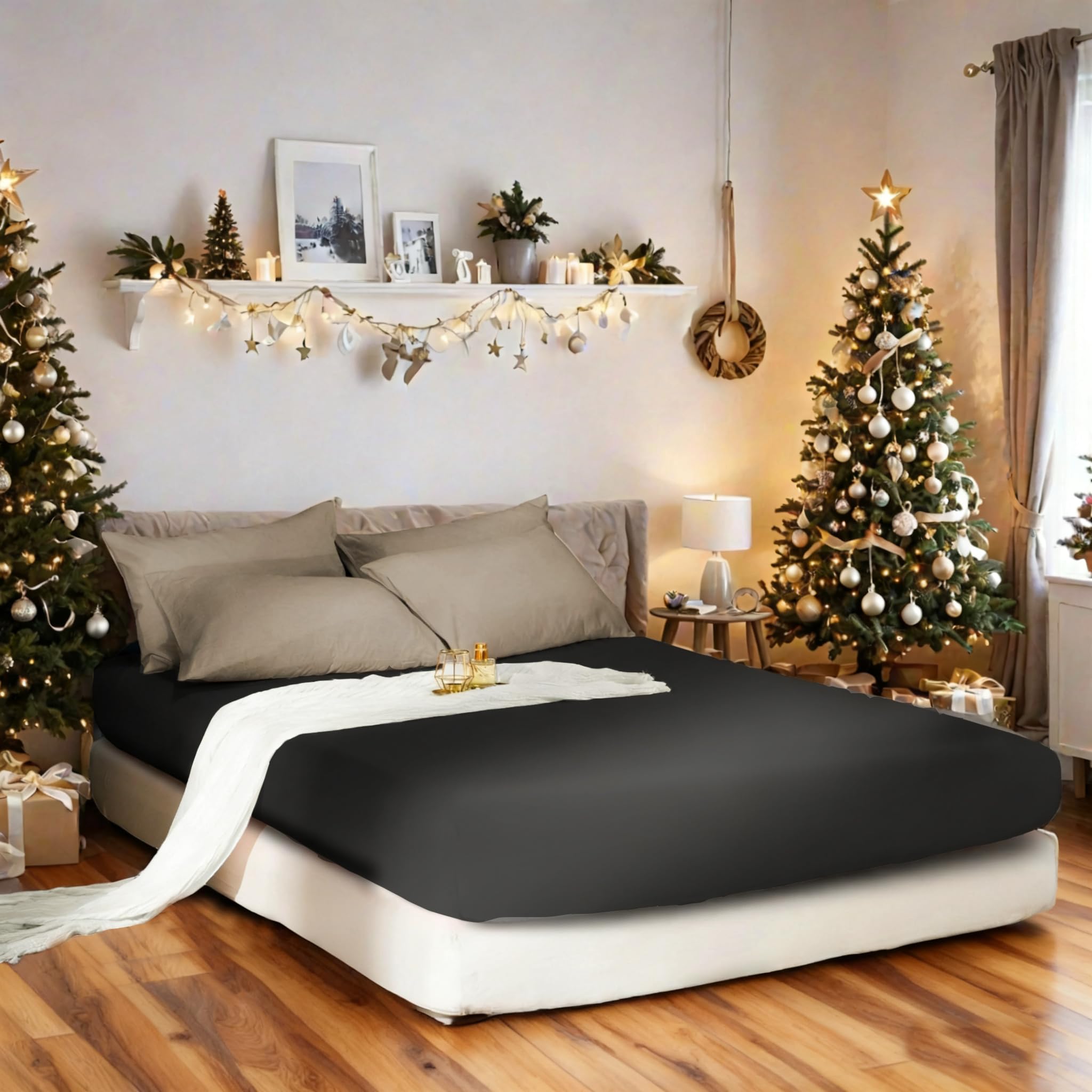 AYSW Warm Fitted Sheet Double Bedding Sheet with All Around Elastics Brushed Microfiber Black