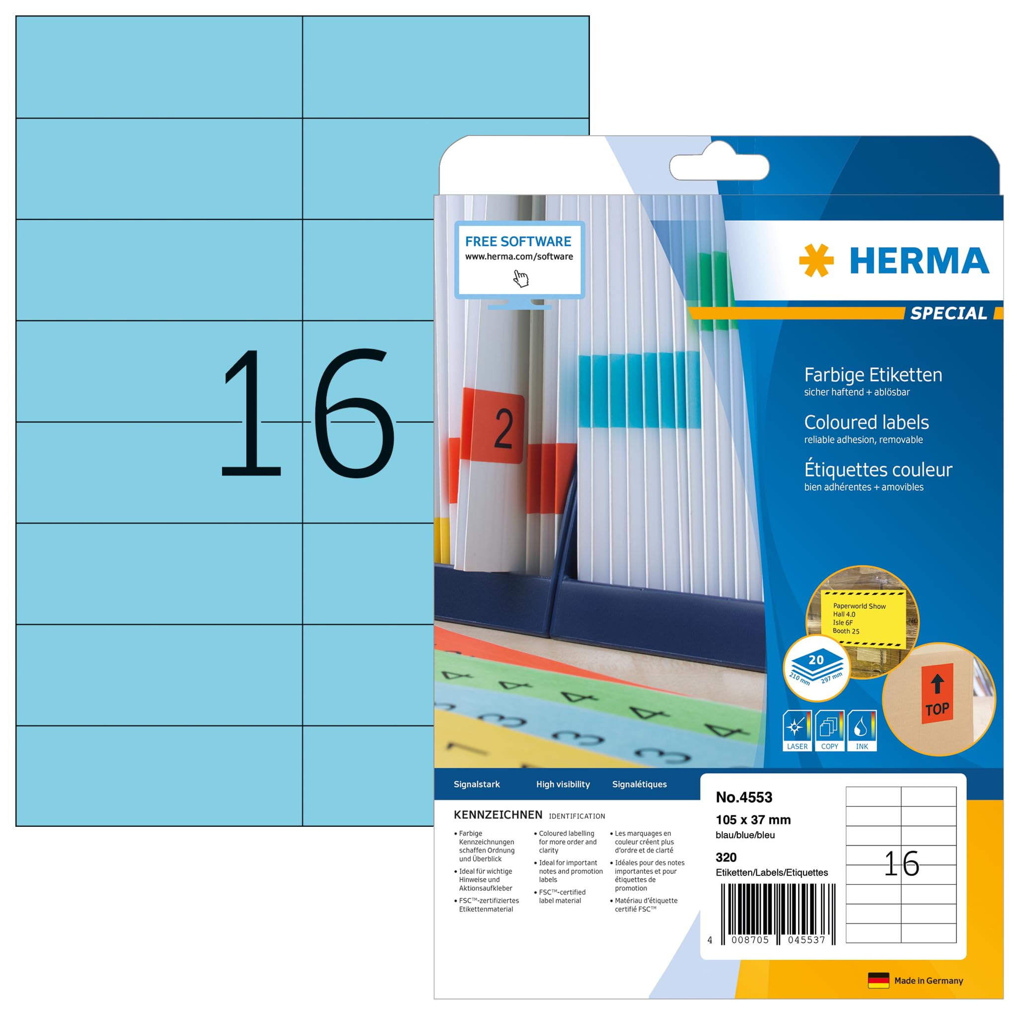 HERMA Self Adhesive Coloured Labels - 320 Labels (20 Sheets x 16), Blank Removable, Blue, 105 x 37 mm, Compatible with Laser & Inkjet Printers