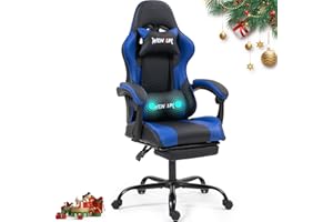 WENTUM Gaming Chair with Footrest for Adults - PU Leather Video Game Chair w/Massage Lumbar Support for Men Women, Ernogomic Computer Gamer Chair for Home Office, Height Adjustable, Blue