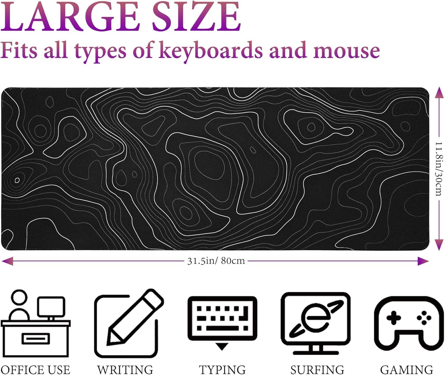 HAUTOCO Gaming Mauspad Groß 800 x 300 mm Mousepad XXL Minimalistische Topografische Mauspad Desk Mat mit Gummi Anti Rutsch für Computer Tastatur verbessert Geschwindigkeit und Präzision, Schwarz 3