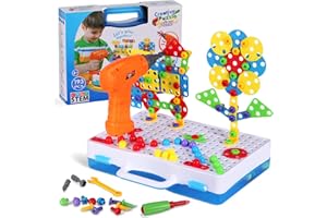 Haifeng 193 Pieces STEM Drill Toys Kit, DIY Creative Mosaic Drill Set for Kids, Construction Engineering Building Blocks Learning Kit for Ages 3-10 Years Old, Creative Games & Fun Activity