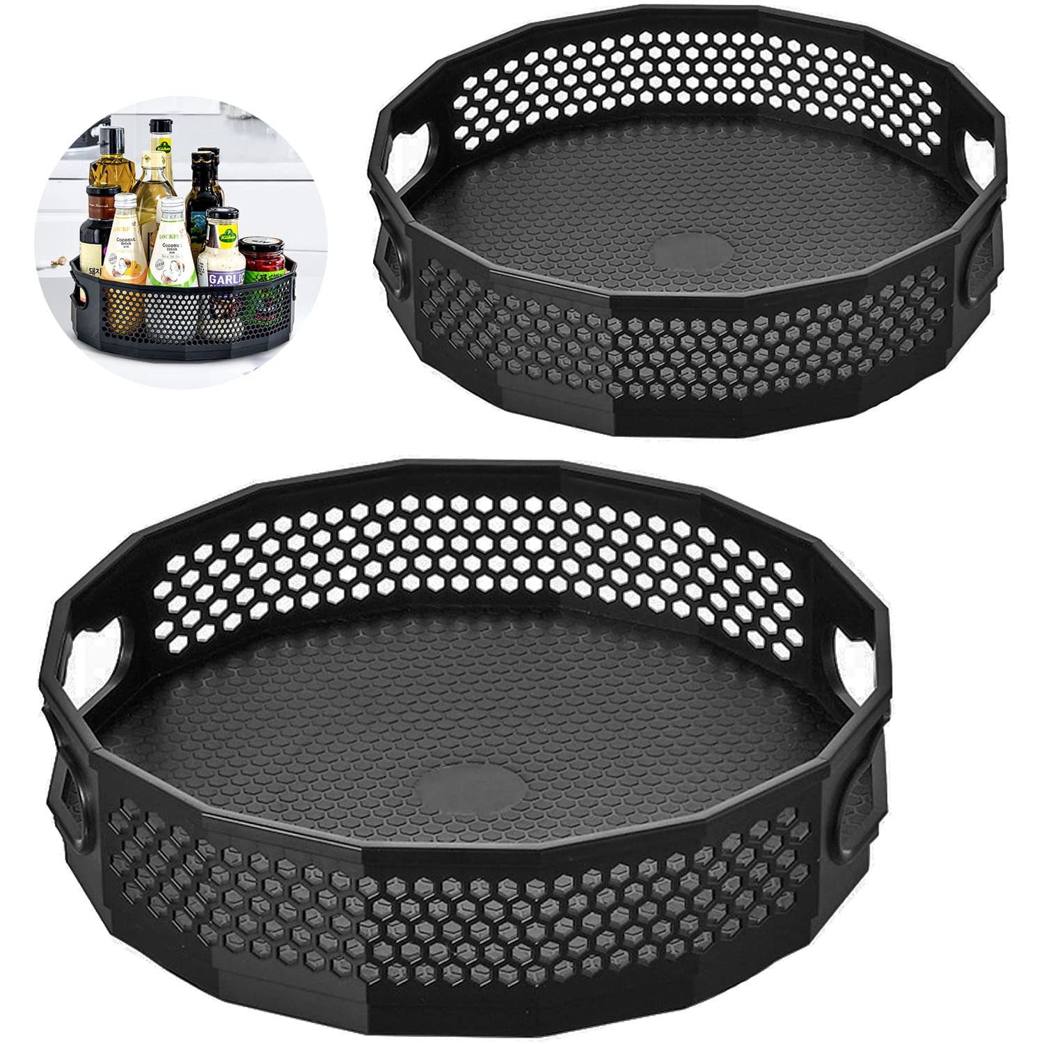 SAMSYOKI Lazy Susan Turntable Cupboard Organizer, 2pcs Revolving Condiment Holder Honeycomb Rotating Spice Rack Plastic Kitchen Spice Tray for Cooking Oil Ingredients Jars Fruit(Black/White)