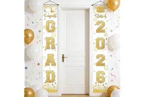 SINGOMON White and Gold 2026 Graduation Porch Banner Class of 2026 Congrats Grad Porch Door Signs for Grad Party Decor 2026 G