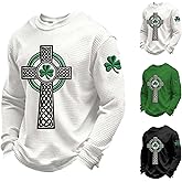 St Patricks Day Shirt Men Shamrock Cross Art Sweatshirt Irish Celtic Cross Shirt St. Patrick's Day Waffle Knit Top