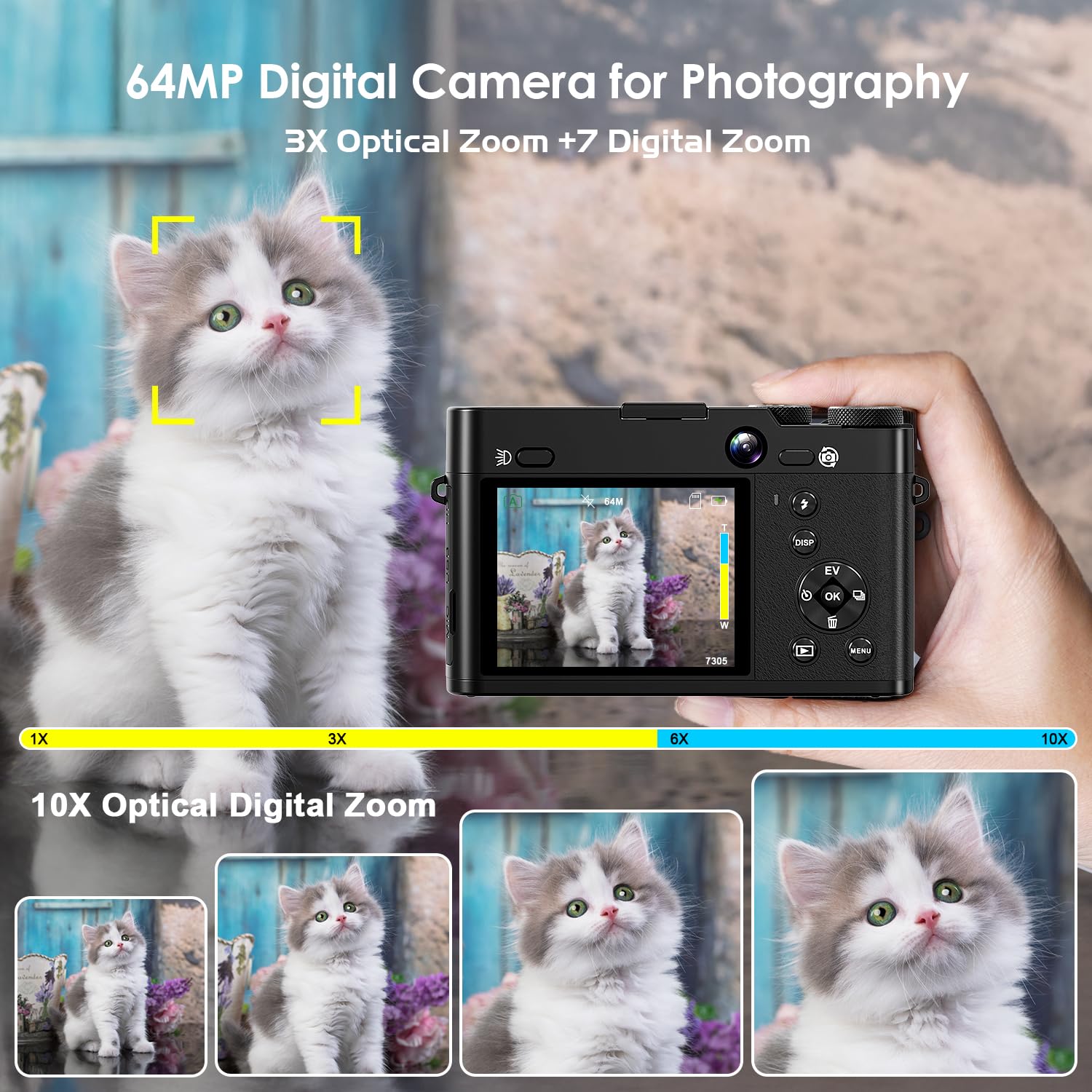 5K 64MP Digital Camera, WiFi Cameras for Photography & Video, 3X Optical Zoom Autofocus Travel Vlogging Camera for YouTube, 64GB Card, 2 Batteries