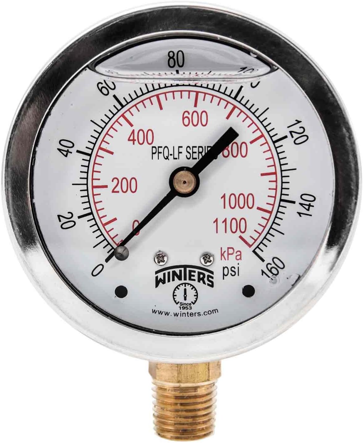 Winters PFQ805LF PFQ-LF Series Pressure Gauge, 2.5" Dial size, 1/4" NPT, 0/160 psi/kpa, Glycerin Filled