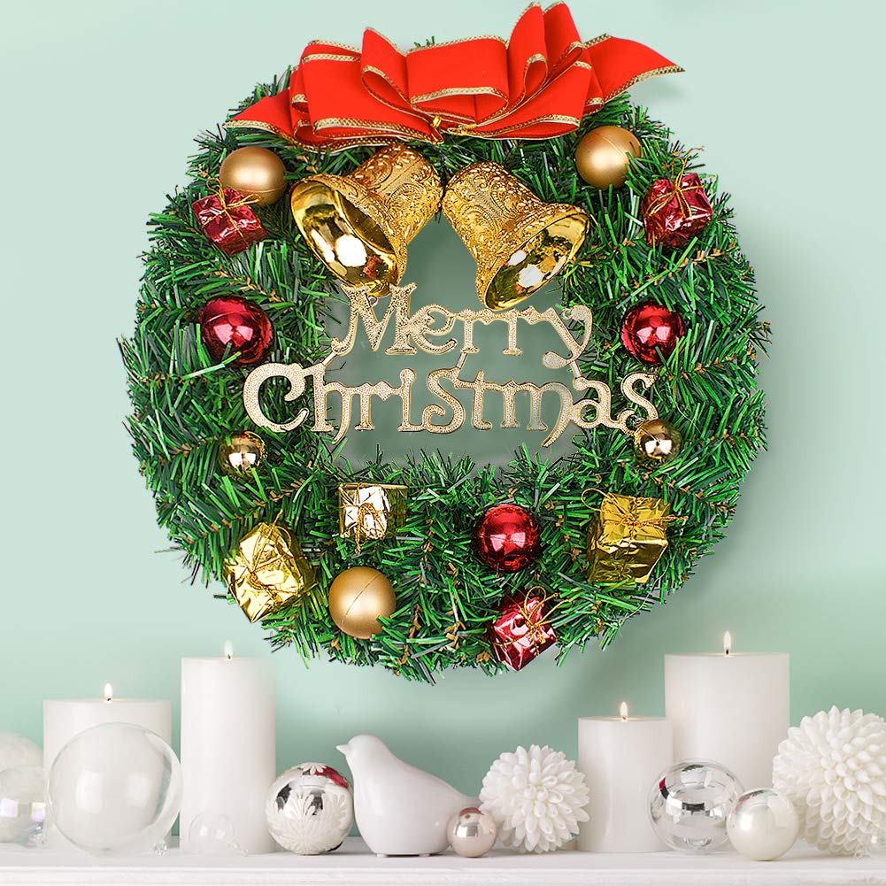 14.57’ inch Christmas Wreaths Simulation Rattan Flower Door Wreath Wall Ornament with “Merry Christmas” Letter and Ball Bells, Christmas Decoration for Your Front Door or Indoor Wall Decor