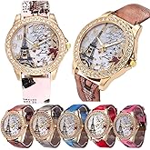 CdyBox Wholesale PU Leather Strap Watch 6 Pack Mother Day Gift Bling Rhinestone Accented Eiffel Tower Ladies Women Watches