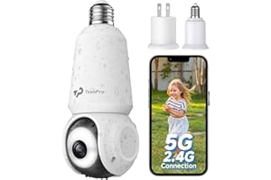 TKENPRO 2K Light Bulb Security Cameras Wireless Outdoor, 5G&2.4G WiFi Cameras for Home Security Outside Indoor, IPX6 Waterproof, 360° Motion Tracking and AI Human Detection, Light Socket Cameras-White