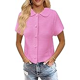 Saodimallsu Womens Short Sleeve Cropped Cardigans Casual Summer Button Down Collared Lightweight Loose Knit Sweater Top Pink