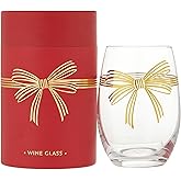 Santa Barbara Design Studio Holiday Stemless Wine Glass with Gold Foil Accent and Gift Box, Holds 17 Fluid Ounces, Gold Bow