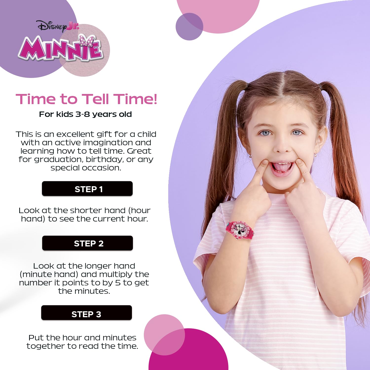 Disney Minnie Mouse Watch for Girls – Perfect Minnie Watch for Toddlers & Young Girls Learning to Tell Time – Cute Watches Kids 3-5 with White Bezel, Easy-Read Dial & Adjustable Nylon Strap