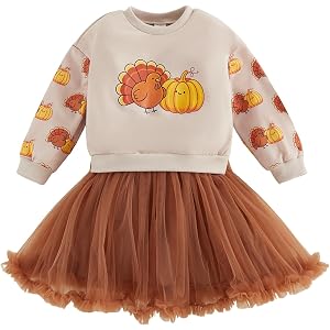 Dobeiokal Toddler Baby Girl Halloween Outfit Long Sleeve Sweatshirt Pullover Top Tulle Skirt Set Cute Thanksgiving Outfit