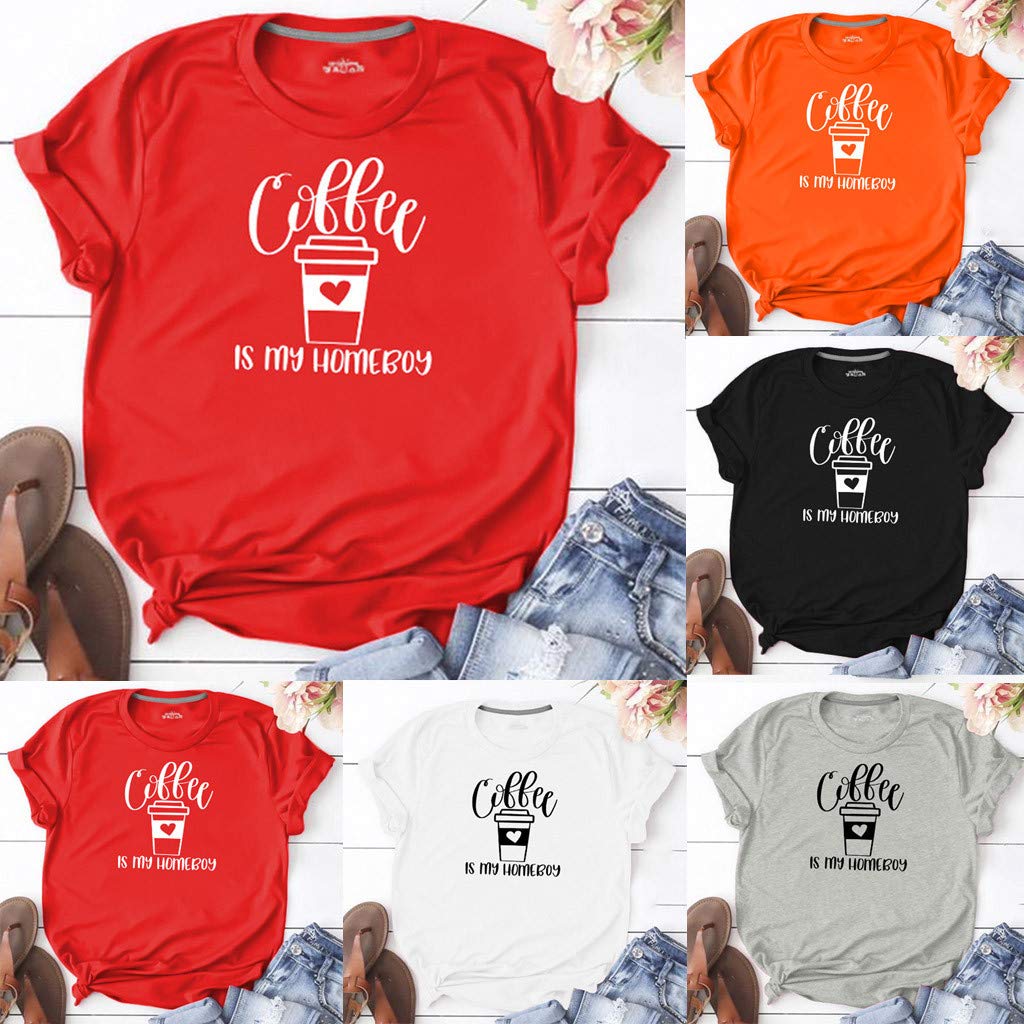 FakMe Fashion Women\'s Short Sleeve T-Shirt Casual Letter Printed Blouse O-Neck Shirt Tops (S, Gray)