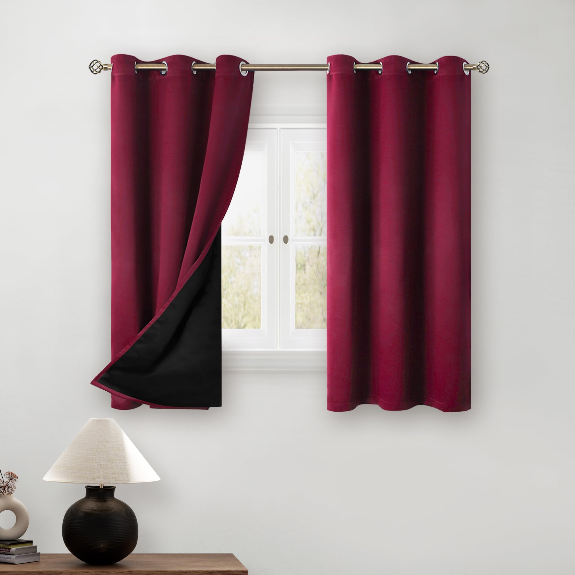 BGment Short 100% Blackout Curtains for Bedroom, Thermal Insulated Lined Energy Efficiency Noise Reducing Grommet Curtains 45 Inch Length for Small Window 2 Panels Each 42 Inch Wide, Burgundy Red