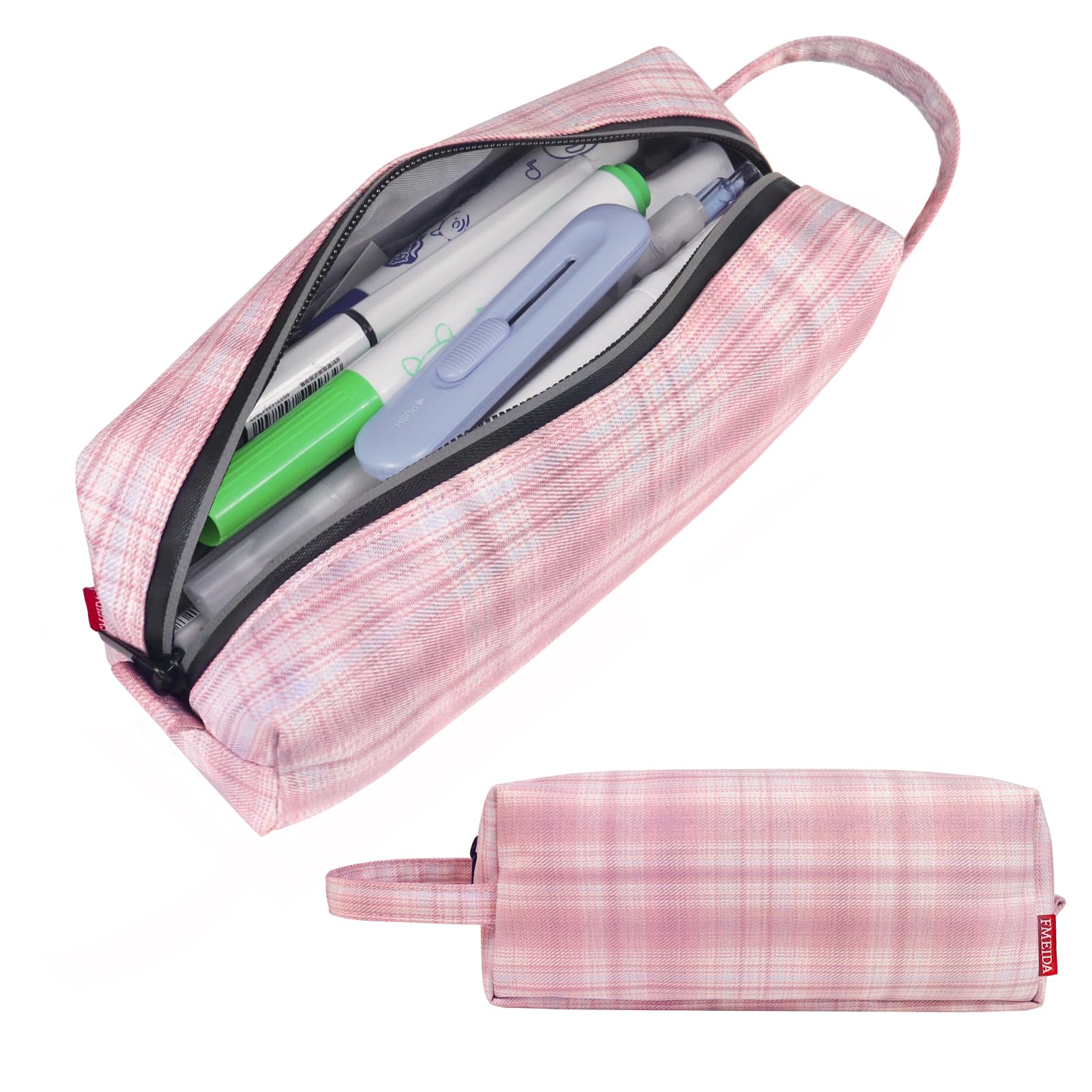 Photo 1 of Fmeida Pencil Case Pouch - Water Resistant Pencil Pouch Portable Pencil Bag Simple Office Stationery Pouch with Handle - Pink Plaid