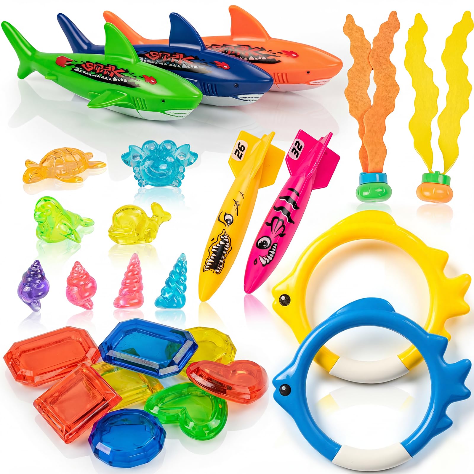 Pool Toys for Kids Ages 4-8, 26 Pcs Diving Toys, Diving Rings, Swimming Pool Games with Storage Net Bag, Torpedo, Gem, Sea Animal & Diving Ring, Pool Party Decorations, Summer Pool Party Water Toys
