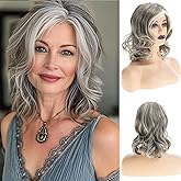 Wiwige Grey Curly Wavy Wig for Women Mid-Length Gray Synthetic Natural Looking Heat Resistant Halloween Cosplay Wig