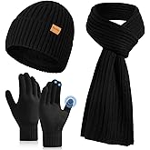 floconssy Men's Winter Hat Scarf Gloves Set, 3 PCS Warm Beanie Long Scarf Fleece Lined Touchscreen Gloves for Cold Weather