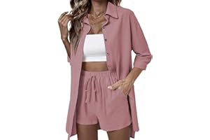 ELESOL Womens Cotton Linen Sets 2 Piece Tracksuit Button Down 3/4 Sleeve Shirt and Shorts Set Summer Beach Outfits Sets