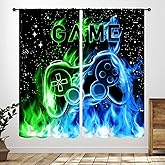 Gamer Curtains for Boys Room,Blue Flame Video Gamer for Boys Kids Teen Bedroom Window Treatment,Outer Space Gaming Game Controller Nursery Living Room Drapes 2 Panel Sets,42X45 Inch