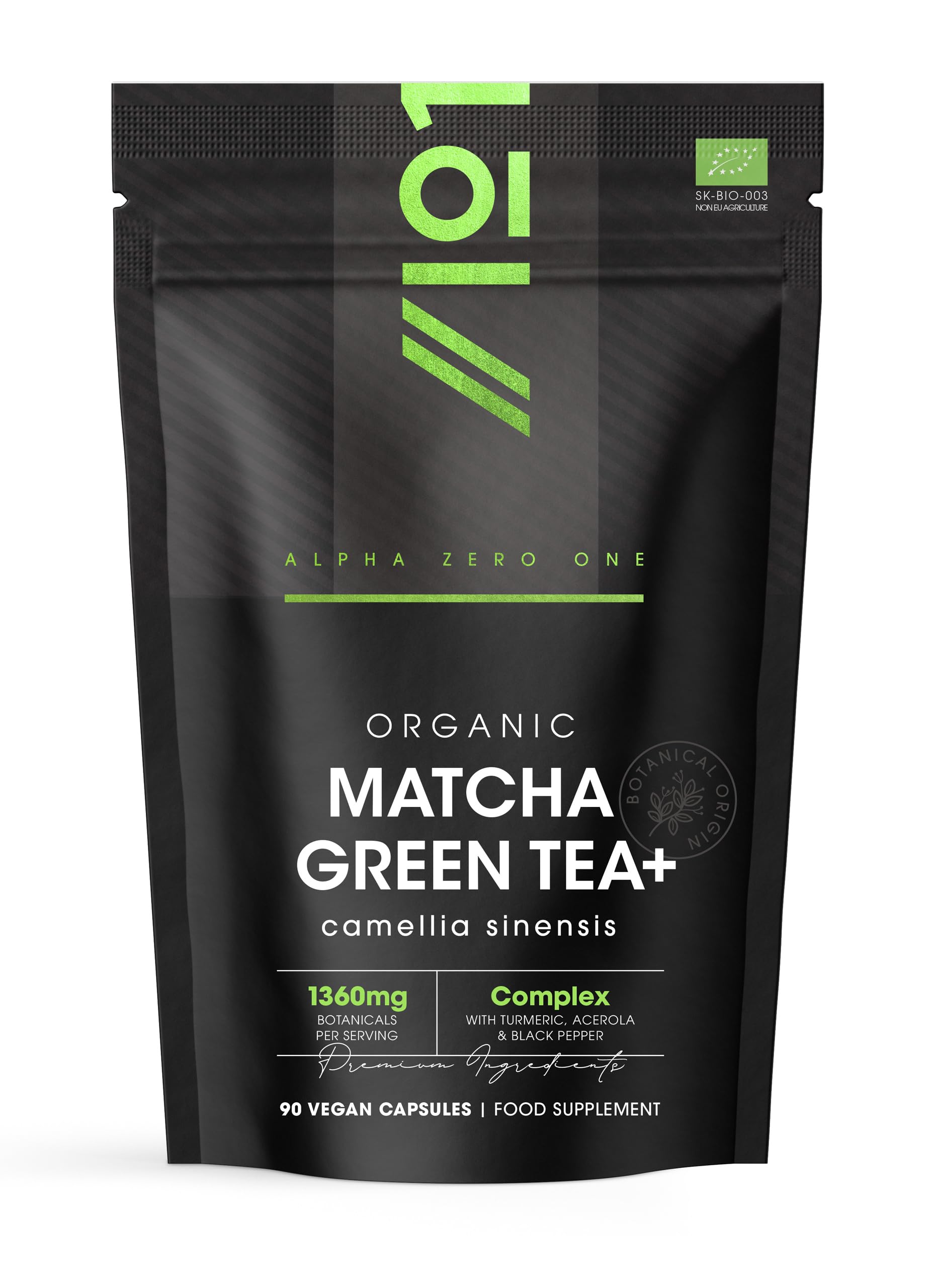 Organic Matcha Green Tea Extract 1360mg - 90 Vegan Capsules - Boosted with Turmeric, Acerola & Black Pepper – Resealable and Recyclable Pouch by Alpha01