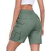 MoFiz Women's Cargo Shorts Bermuda Shorts Button Pockets Elastic Waist Knee Length Long Hiking Casual Shorts for Summer