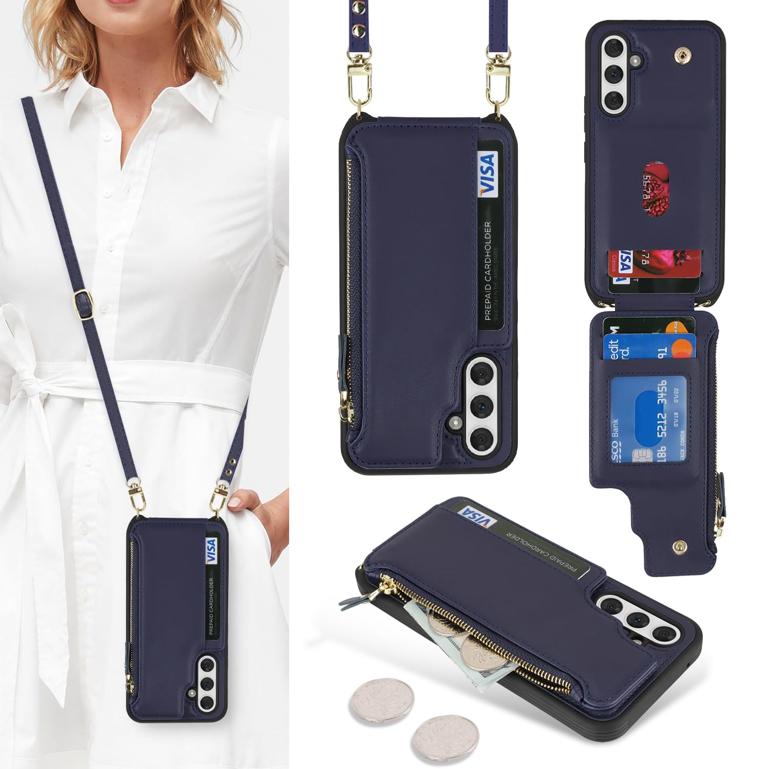 Photo 1 of Cavor for Samsung Galaxy A54 5G Case Wallet for Women, Phone Case Galaxy A54 5G Crossbody Case with Strap,Leather Zipper Pocket Card Holder Phone Cover-Blue