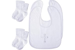 Jiuguva 4 Pcs Baptism Gifts for Boys Girls, Christening Bibs and Socks Set White Embroidered Cross Baptism Outfit for Baby