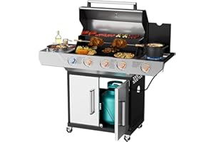SKOK Led 4-Burner Gas BBQ Grill with Side Burner Led Knob, Barbecue Grill with Porcelain-Enameled Cast Iron Grates, 60,000 BTU Stainless Steel Propane Grill 629 Sq. In. Grilling Area