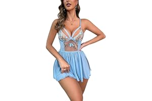 abandi Women's Lingerie Floral Lace Babydoll Chemise Nightwear Deep V Neck Mesh Sheer Nightgown See Through Mini Teddy