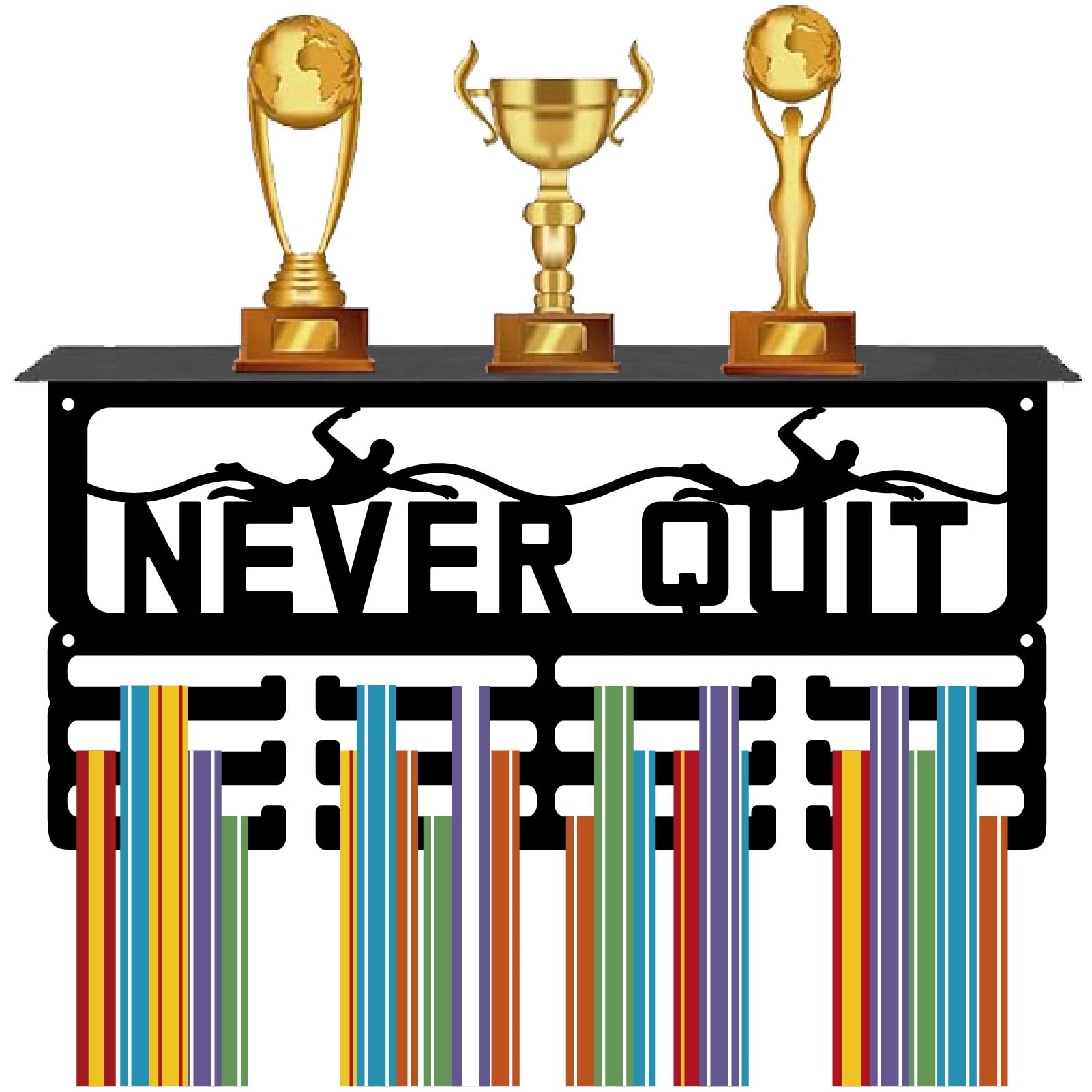 CREATCABIN Never Quit Medal Display Hanger Trophy Shelf with 16Hooks Medal Holder Hanger Black Metal Shelf Trophy Display Wall Mount 70+Medals Organizer Rack for Awards Ribbons Athletes 15.7x7.9x4Inch