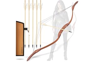 BASBON Youth Wooden Bow and Arrow Set, 40 Inch Archery Set Microfiber Leather-Wrapped, Handmade Toys Bow and Arrow Cosplay Costume Prop Games, 5 Feather Arrows (Rubber Tip), Gifts for Kids Boys Girls