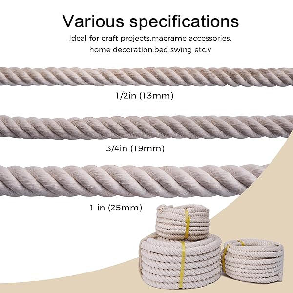 BRETANGME NATURAL WHITE COTTON ROPE 3/4 INCH × 100 FT, 4-STRAND TWISTED THICK ROPE FOR CRAFTS, TUG OF WAR, CLOTHESLINE, HANGING, PORCH SWING BED, PET TOYS, SOFT COTTON CORD FOR HOME/OUTDOOR DECORATION