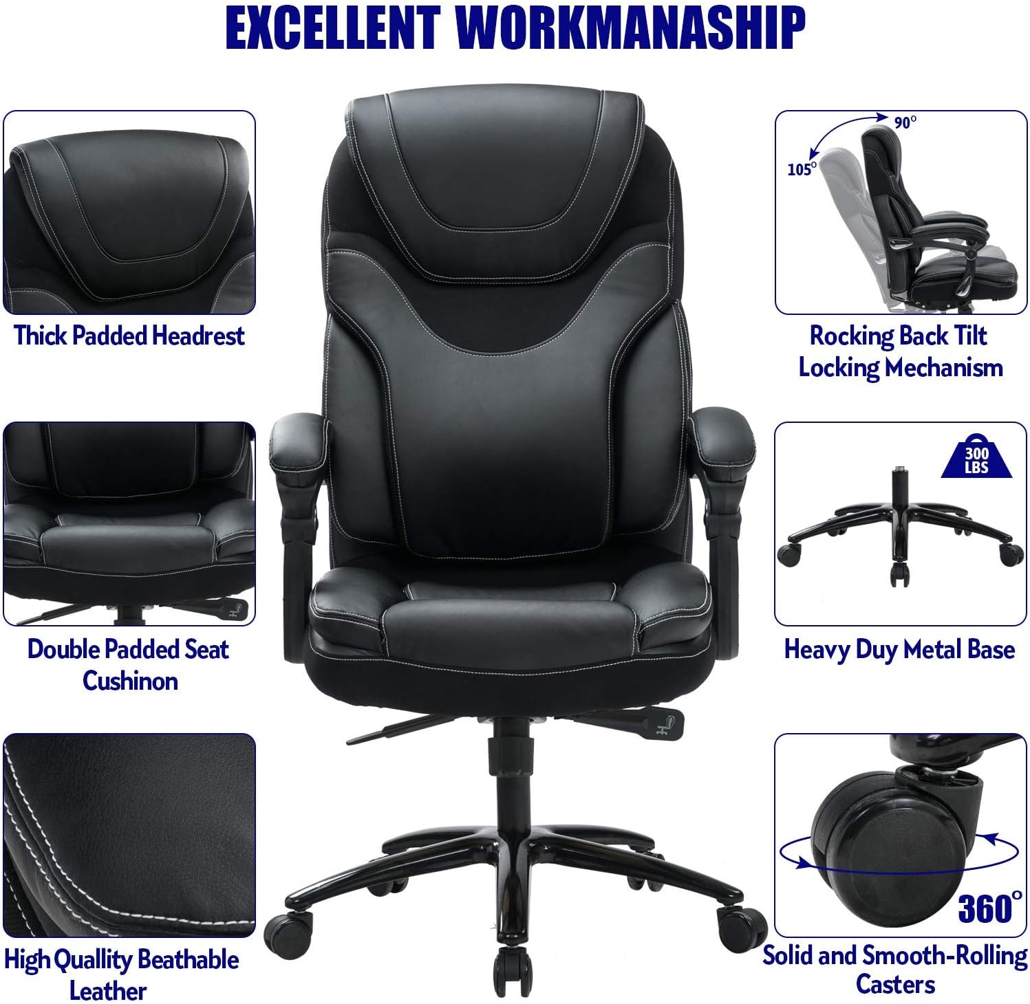 KCREAM Executive Office Chair, Computer Chair with Thick Padded Armrest and Lumbar Support for Home & Office, Bonded Leather Executive Chair, Big and Tall Ergonomic Computer Desk Chair: Kitchen & Dining